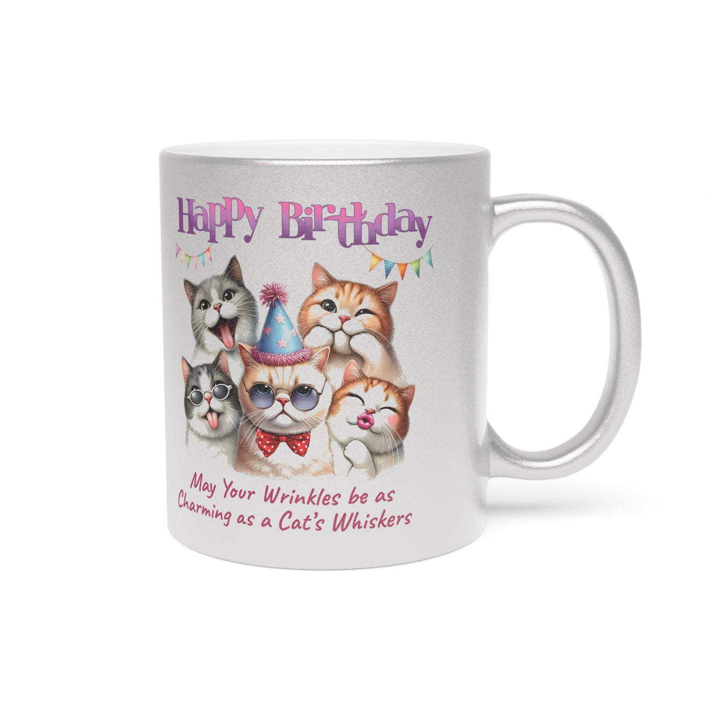 Happy Birthday Cat Mug - Charming Cat Whiskers Metallic Coffee Cup