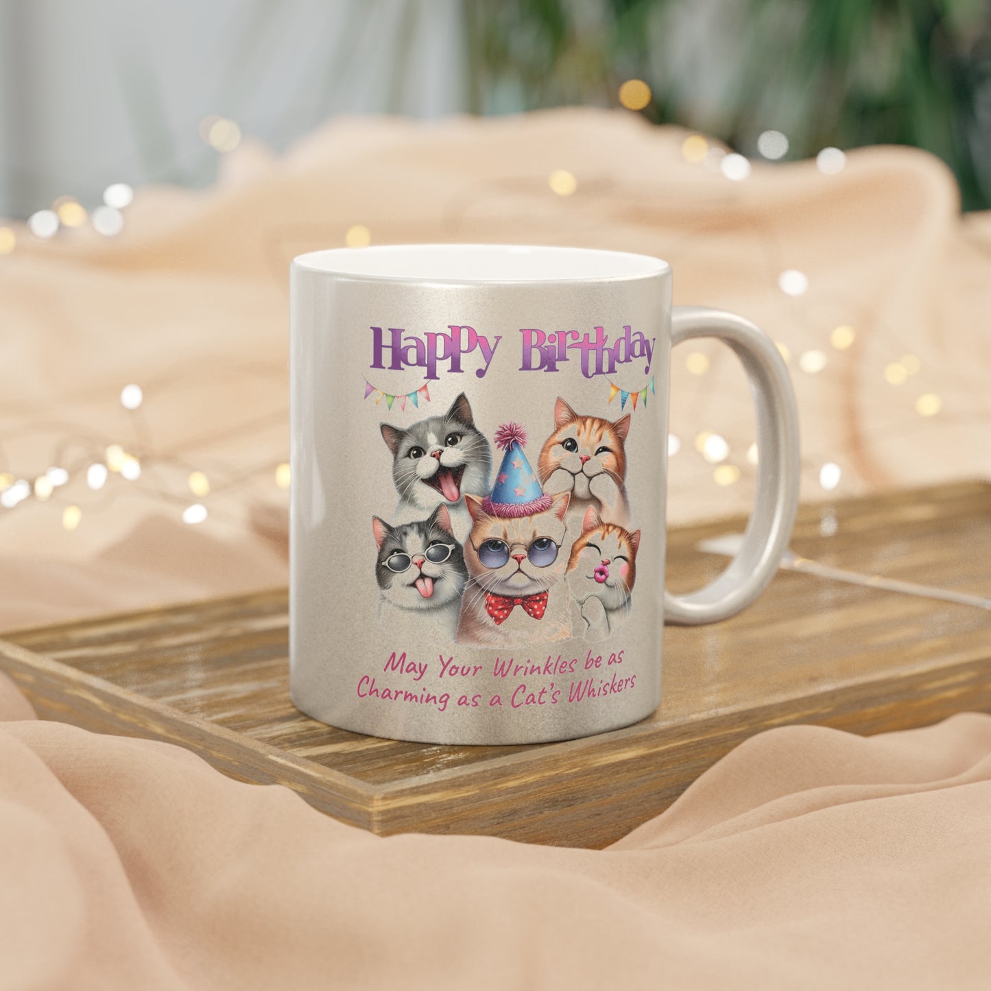 Happy Birthday Cat Mug - Charming Cat Whiskers Metallic Coffee Cup