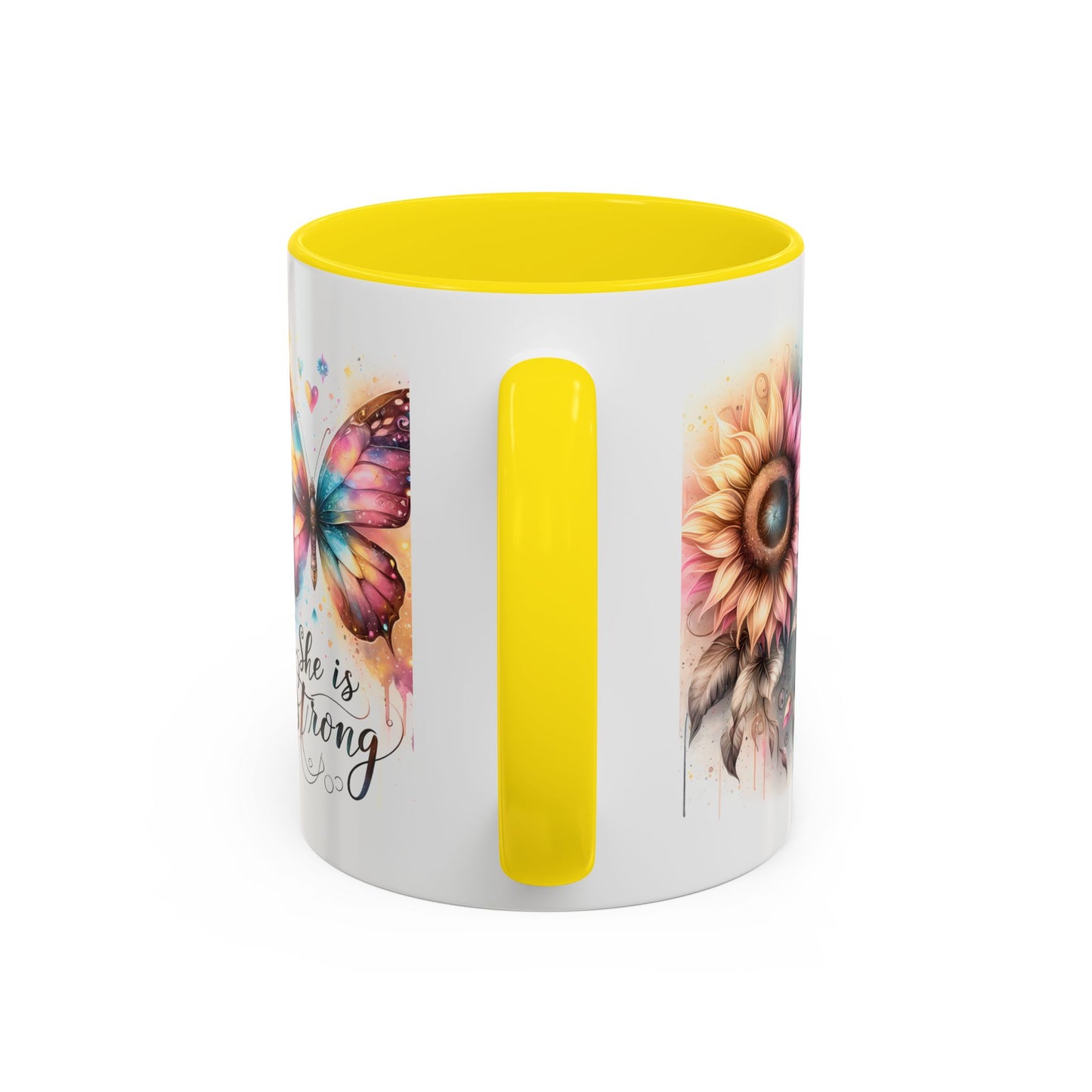 Inspirational Butterfly Coffee Mug – "She is Strong" – Colorful Floral Design – Perfect Gift for Encouragement
