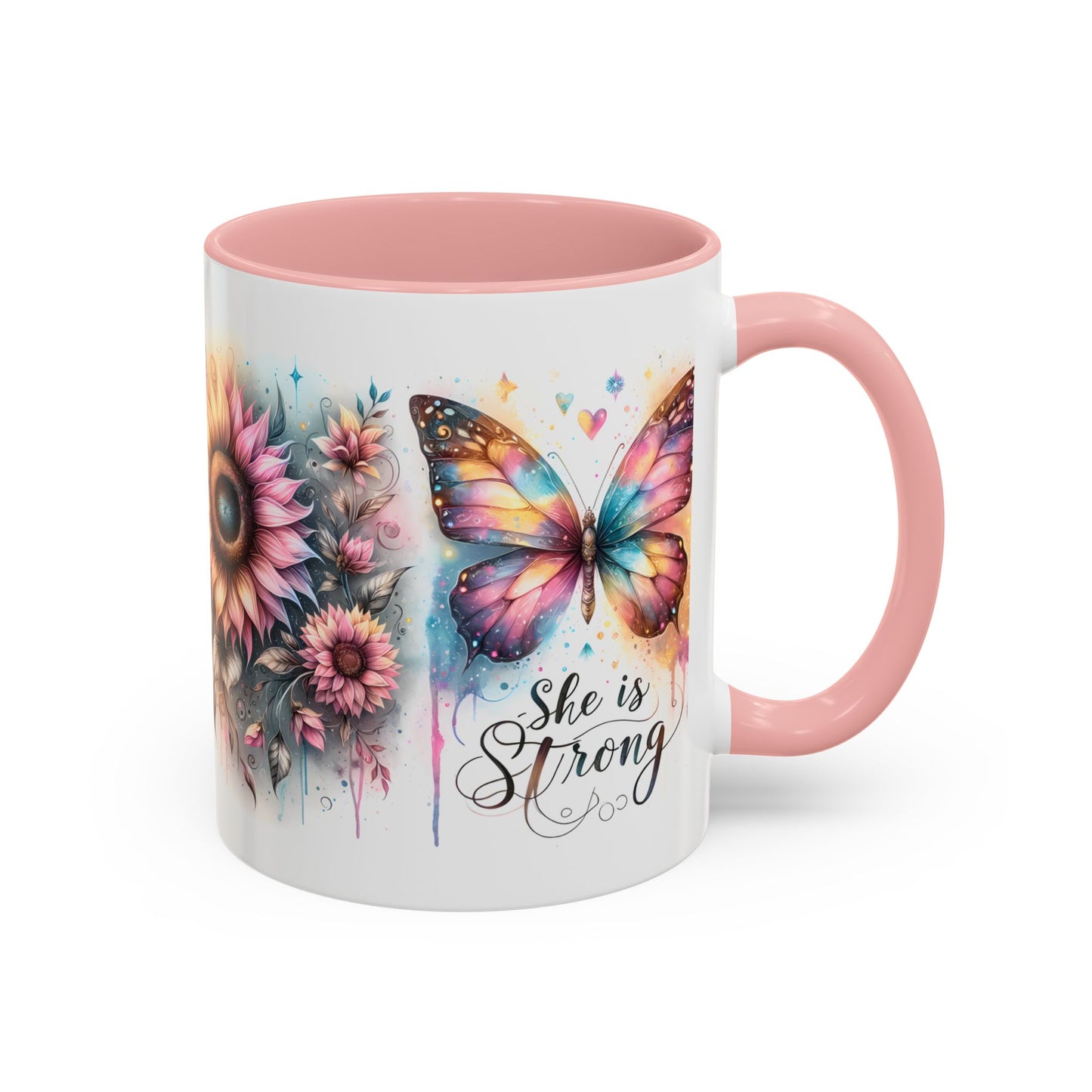 Inspirational Butterfly Coffee Mug – "She is Strong" – Colorful Floral Design – Perfect Gift for Encouragement