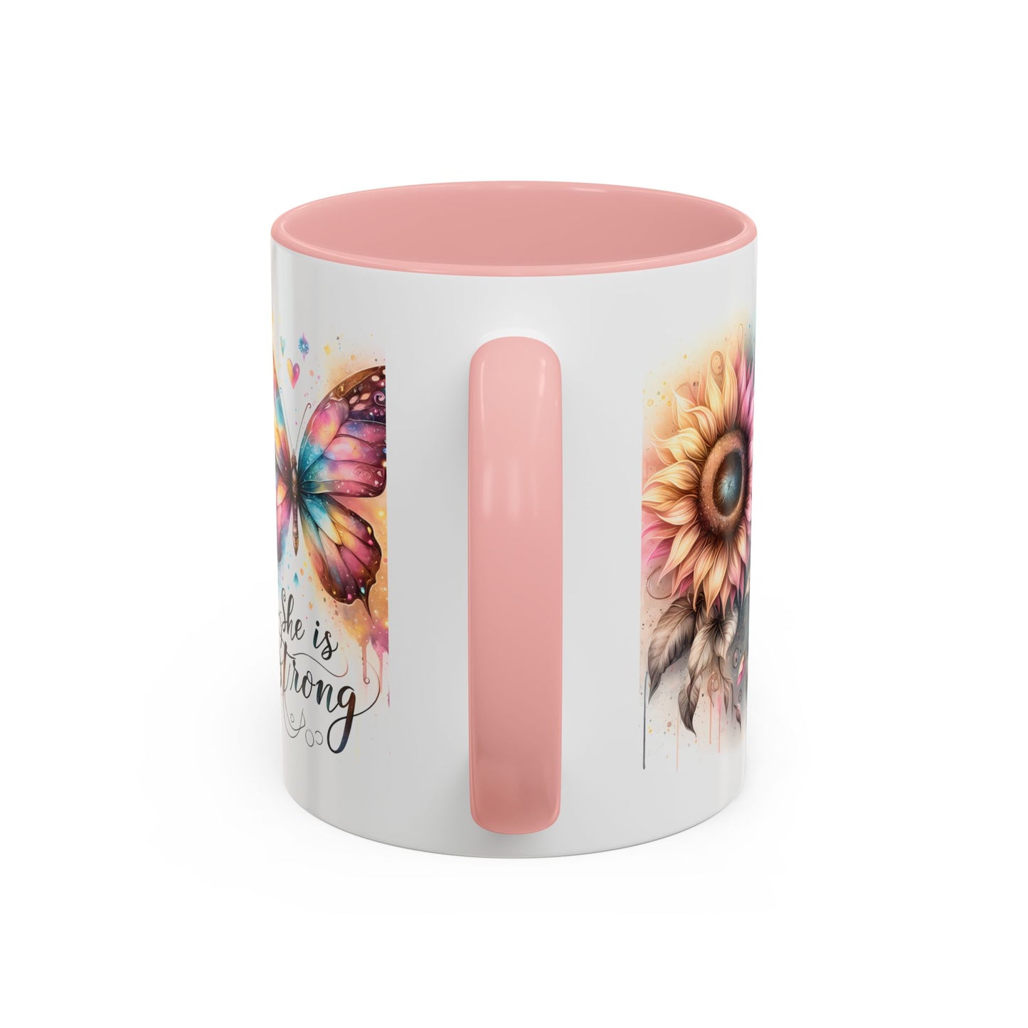 Inspirational Butterfly Coffee Mug – "She is Strong" – Colorful Floral Design – Perfect Gift for Encouragement