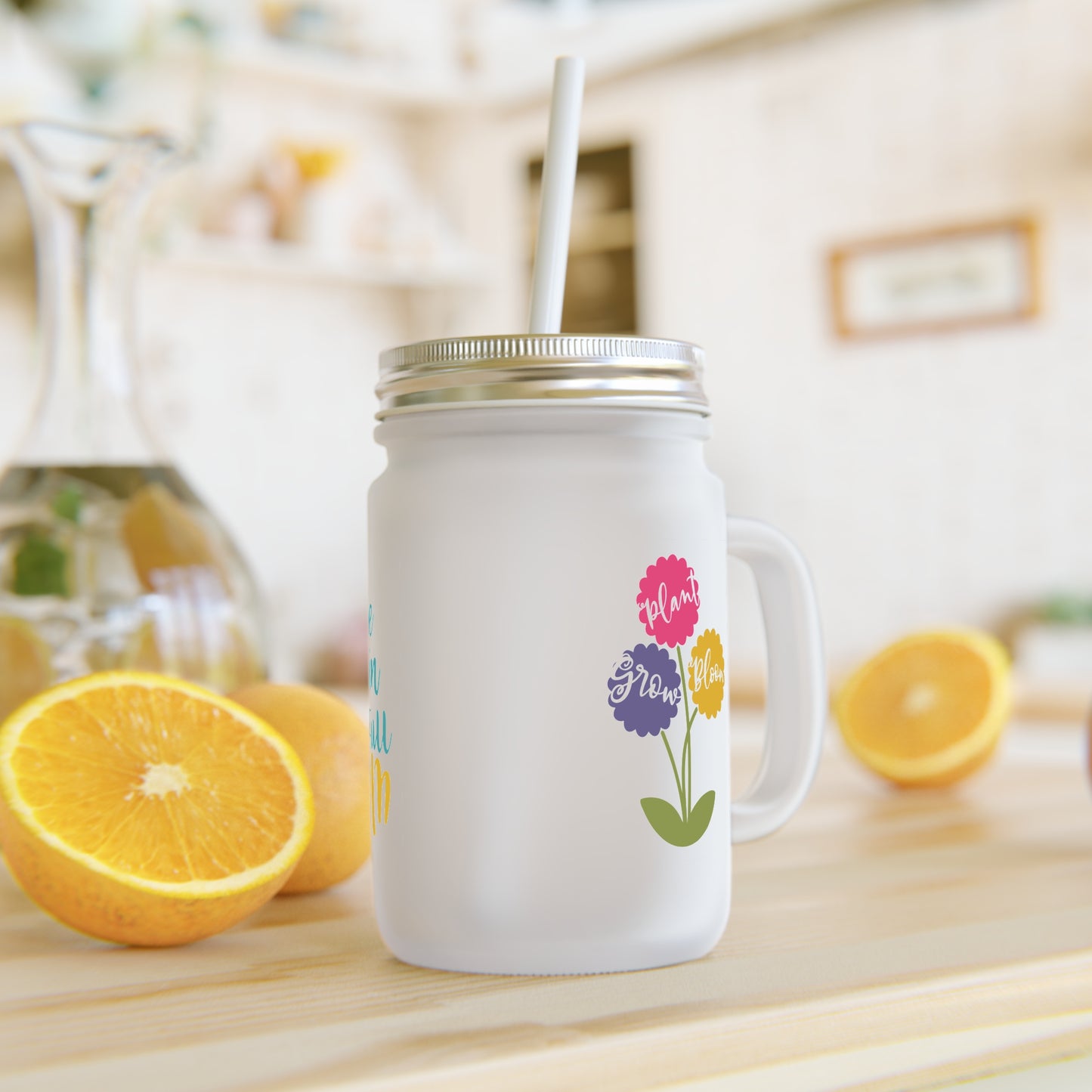 Floral Mason Jar with Straw - "Live Life in Full Bloom"