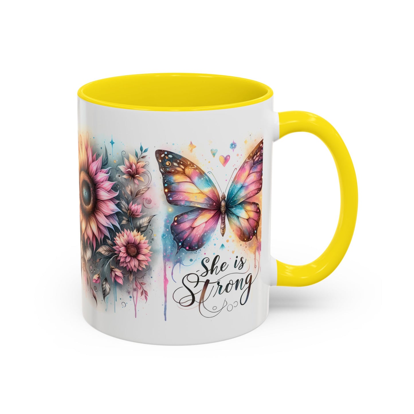 Inspirational Butterfly Coffee Mug – "She is Strong" – Colorful Floral Design – Perfect Gift for Encouragement
