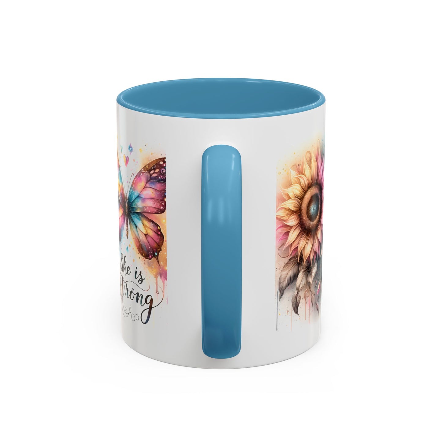 Inspirational Butterfly Coffee Mug – "She is Strong" – Colorful Floral Design – Perfect Gift for Encouragement