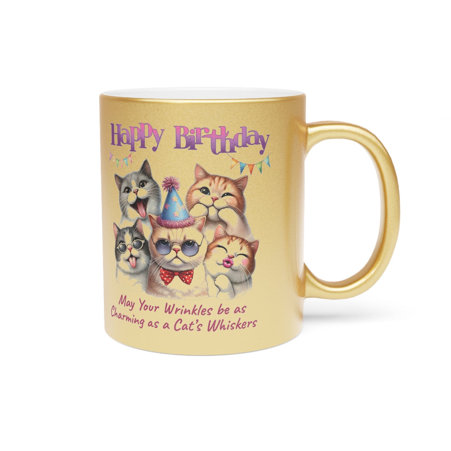 Happy Birthday Cat Mug - Charming Cat Whiskers Metallic Coffee Cup