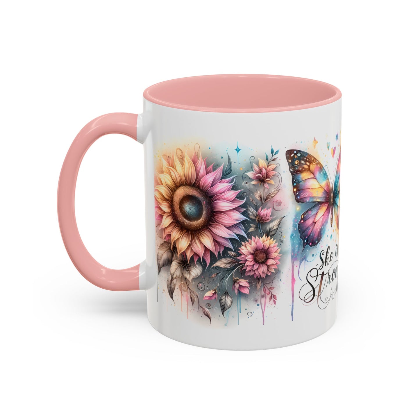 Inspirational Butterfly Coffee Mug – "She is Strong" – Colorful Floral Design – Perfect Gift for Encouragement