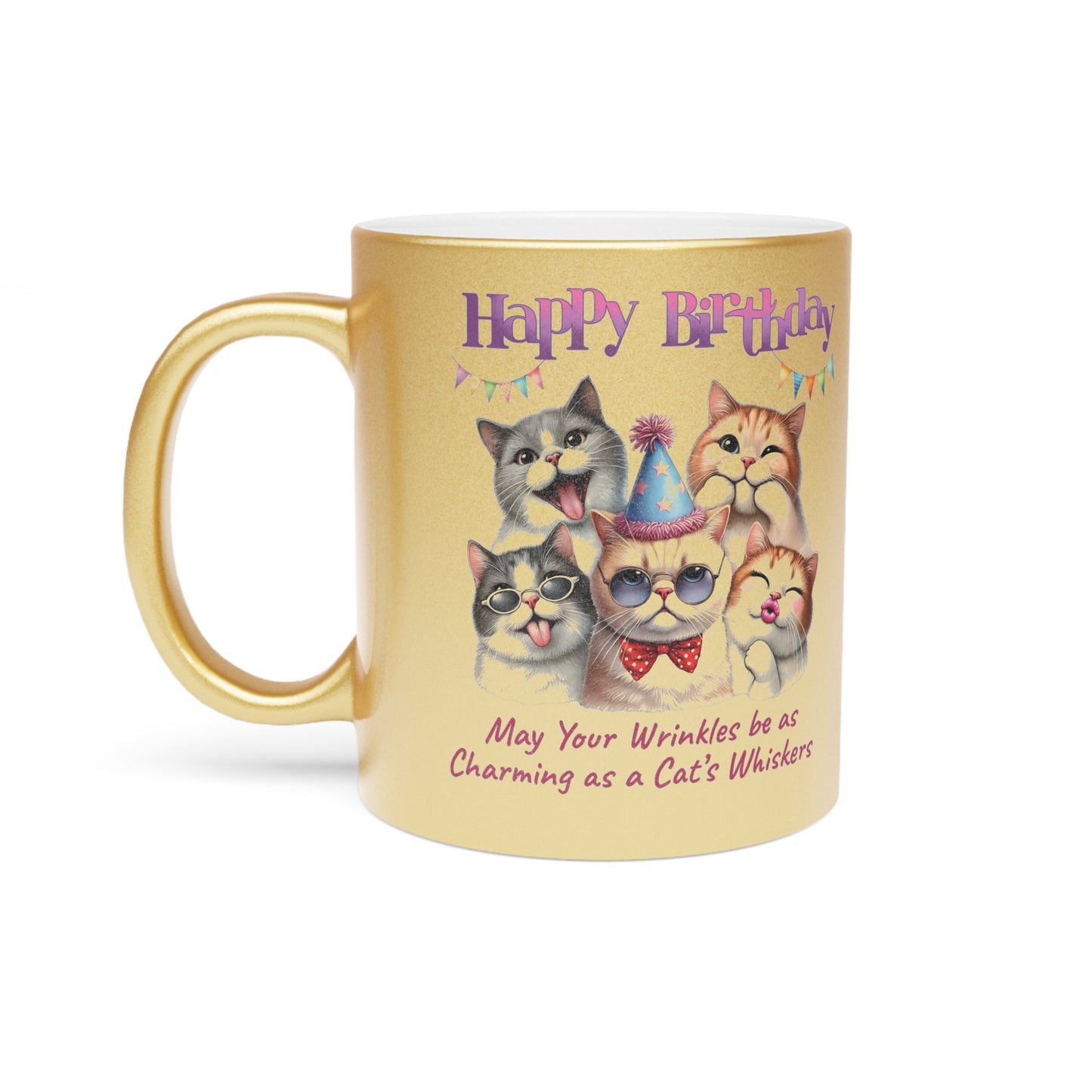 Happy Birthday Cat Mug - Charming Cat Whiskers Metallic Coffee Cup
