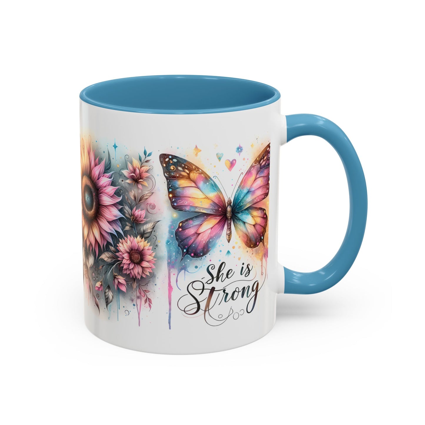 Inspirational Butterfly Coffee Mug – "She is Strong" – Colorful Floral Design – Perfect Gift for Encouragement