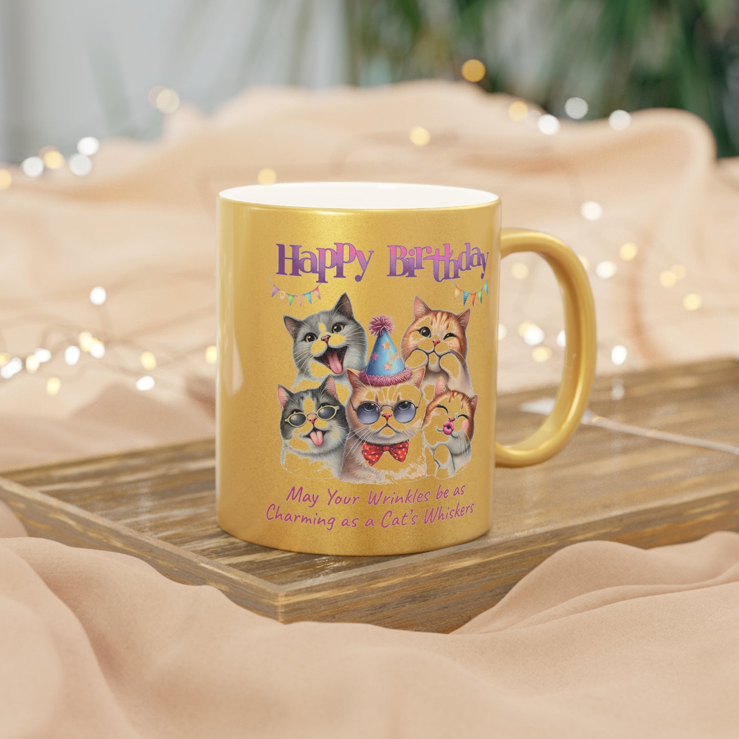 Happy Birthday Cat Mug - Charming Cat Whiskers Metallic Coffee Cup