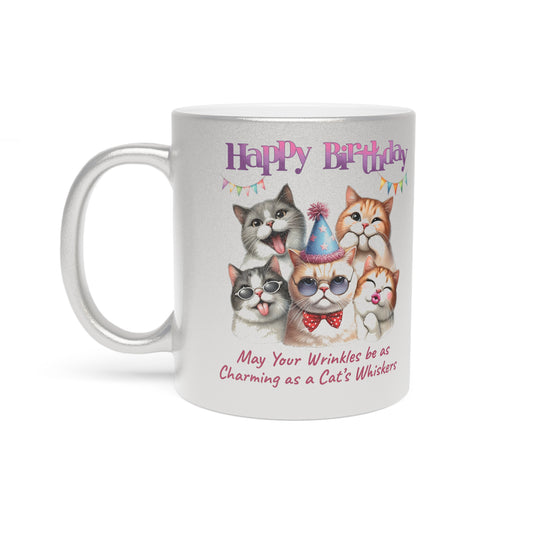 Happy Birthday Cat Mug - Charming Cat Whiskers Metallic Coffee Cup