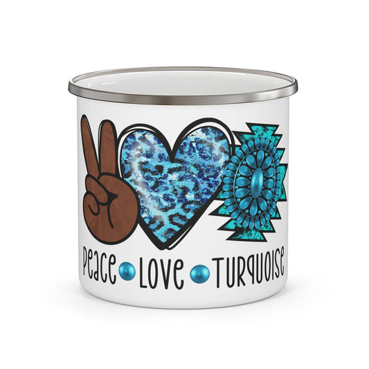 Peace Love Turquoise Enamel Camping Mug - Perfect Gift for Outdoor Enthusiasts