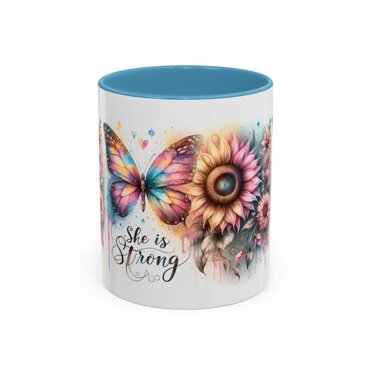 Inspirational Butterfly Coffee Mug – "She is Strong" – Colorful Floral Design – Perfect Gift for Encouragement