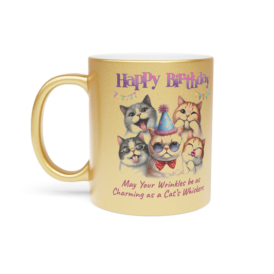 Happy Birthday Cat Mug - Charming Cat Whiskers Metallic Coffee Cup