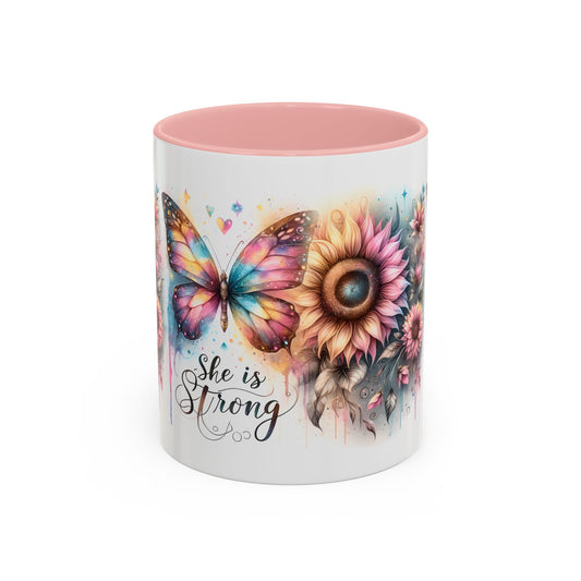 Inspirational Butterfly Coffee Mug – "She is Strong" – Colorful Floral Design – Perfect Gift for Encouragement